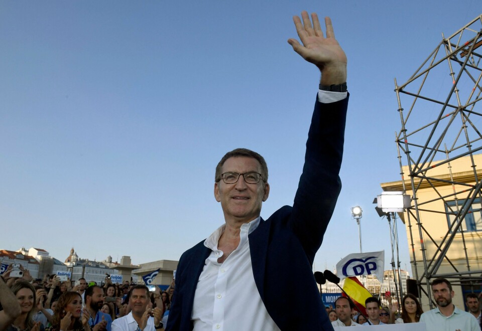 Det konservative Partido Popular (PP) ligger an til å få rundt 34 prosent av stemmene. Avbildet er partileder Alberto Nunez Feijoo, som potensielt kan bli Spanias neste statsminister. Det konservative Partido Popular (PP) ligger an til å få rundt 34 prosent av stemmene. Avbildet er Alberto Nunez Feijoo, som potensielt kan bli Spanias neste statsminister.