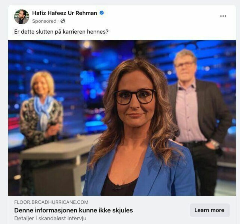 En av de falske annonsene som TV 2 har anmeldt. Nyhetsanker og programleder Cathrine Fossum har selv fått annonsen i sin nyhetsstrøm i sosiale medier. En av de falske annonsene som TV 2 har anmeldt. Nyhetsanker og programleder Cathrine Fossum har selv fått annonsen i sin nyhetsstrøm i sosiale medier. Foto: Skjermdump / NTB