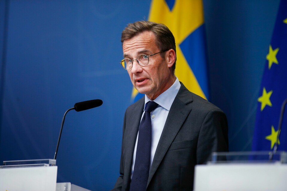 Sveriges statsminister Ulf Kristersson hold tirsdag en pressekonferanse om sikkerhetssituasjonen rundt Sverige. Til stede var justisminister Gunnar Strömmer. Sveriges statsminister Ulf Kristersson hold tirsdag en pressekonferanse om sikkerhetssituasjonen rundt Sverige. Til stede var justisminister Gunnar Strömmer. Foto: Caisa Rasmussen / TT / NTB