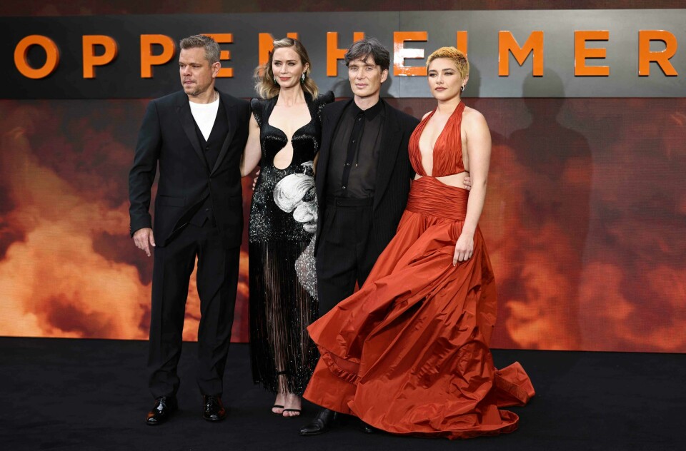Skuespillerne Matt Demon, Emily Blunt, Cillian Murphy og Florence Pugh fra «Oppenheimer» under filmens premiere i London. Noen av «Oppenheimer»-skuespillerene under filmens peremiere i London.