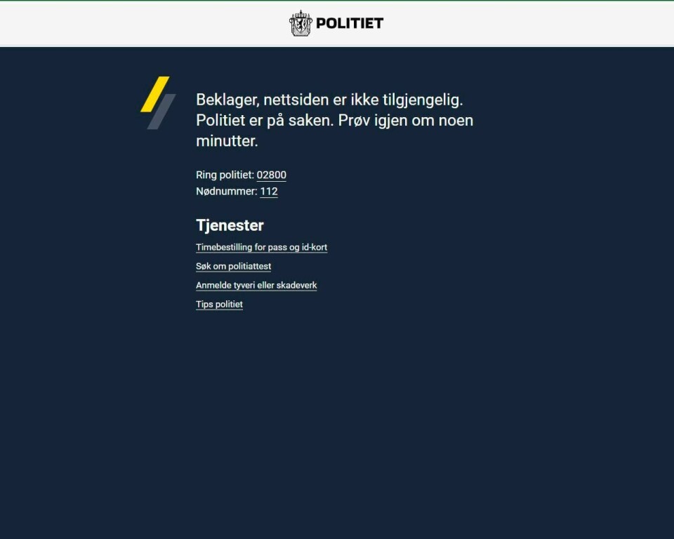 Nettstedet til politiet, Politi.no, er nede. Nettstedet til politiet, Politi.no, er nede.Foto: Skjermdump / NTB