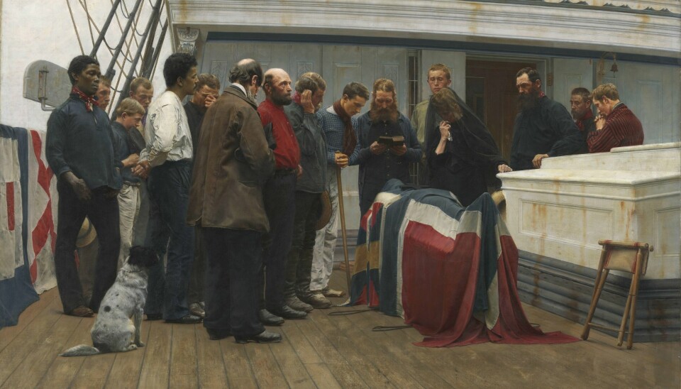 George kom til Norge som sjømann, og han var bare en av mange utenlandske sjøfolk i den norske handelsflåten. Maleren Carl Fredrik Sundt-Hansen illustrerte dette med maleriet “En begravelse ombord” i 1890. George kom til Norge som sjømann, og han var bare en av mange utenlandske sjøfolk i den norske handelsflåten. Maleren Carl Fredrik Sundt-Hansen illustrerte dette med maleriet “En begravelse ombord” i 1890.