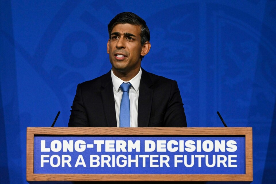 Statsminister Rishi Sunak holdt onsdag en tale om endringer i britisk klimapolitikk. Statsminister Rishi Sunak holdt onsdag en tale om endringer i britisk klimapolitikk. Foto: Justin Tallis / Pool / AP / NTB