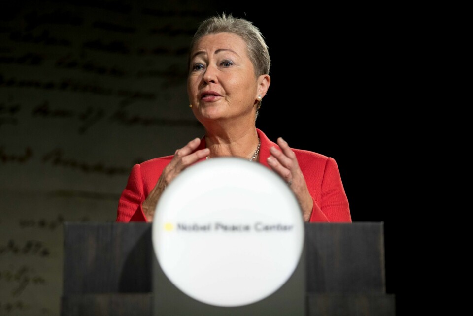 Kaci Kullmann Five var første kvinnelige leder både i Høyre og Unge Høyre. Her holder hun som Nobelkomiteens leder foredrag om fredsprisvinneren 2016 på Nobels Fredssenter i oktober i fjor.