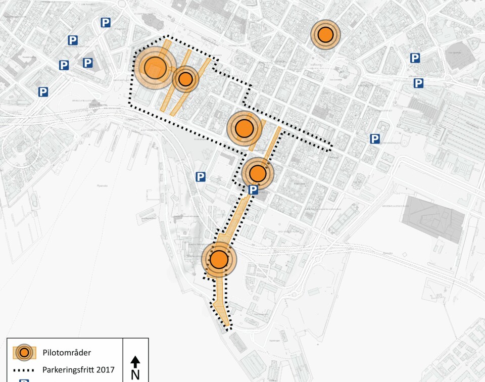 OSLO: Den stiplede linjen viser hvor det blir parkeringsfritt i sommer. Rundingene viser hvor det skal være pilotprosjekter. OSLO: Den stiplede linjen viser hvor det blir parkeringsfritt i sommer. Rundingene viser hvor det skal være pilotprosjekter.