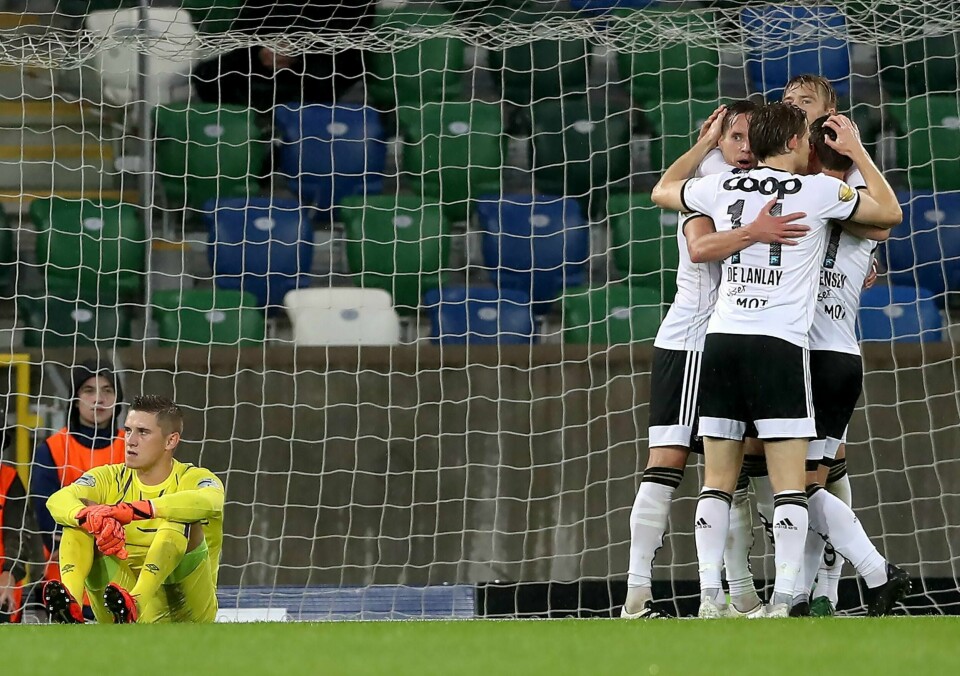 Rosenborgs Alexander Søderlund jubler etter scoring under første Champions League kamp på The National Stadium i Windsor Park, Belfast.