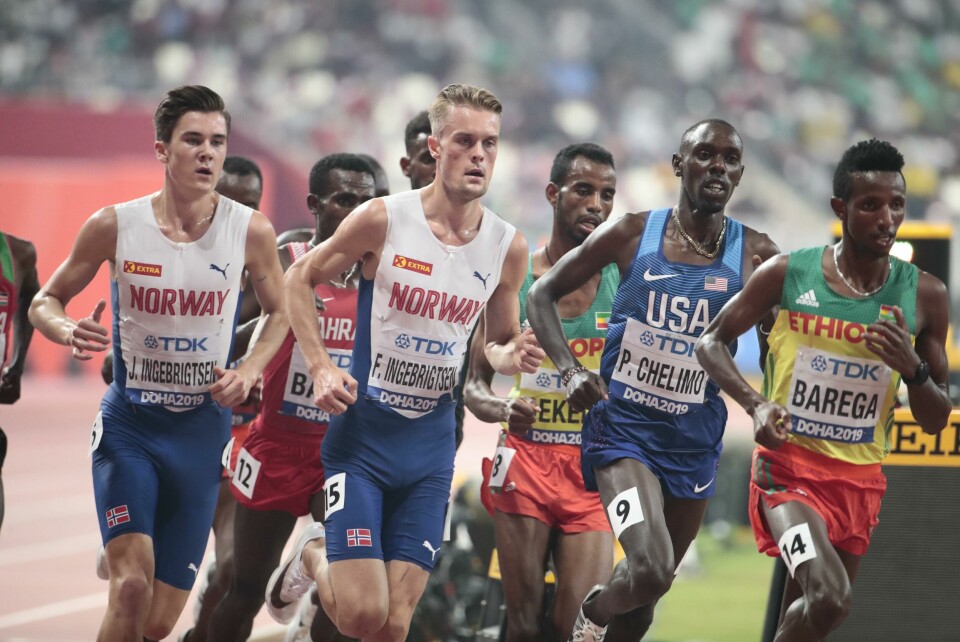 Doha, Qatar 20190930. Jakob og Filip Ingebrigtsen under 5000 meter finalen under VM i friidrett 2019 i Doha i Qatar i Khalifa International Stadium.Foto: Lise Åserud / NTB scanpix Doha, Qatar 20190930. Jakob og Filip Ingebrigtsen under 5000 meter finalen under VM i friidrett 2019 i Doha i Qatar i Khalifa International Stadium.Foto: Lise Åserud / NTB scanpix