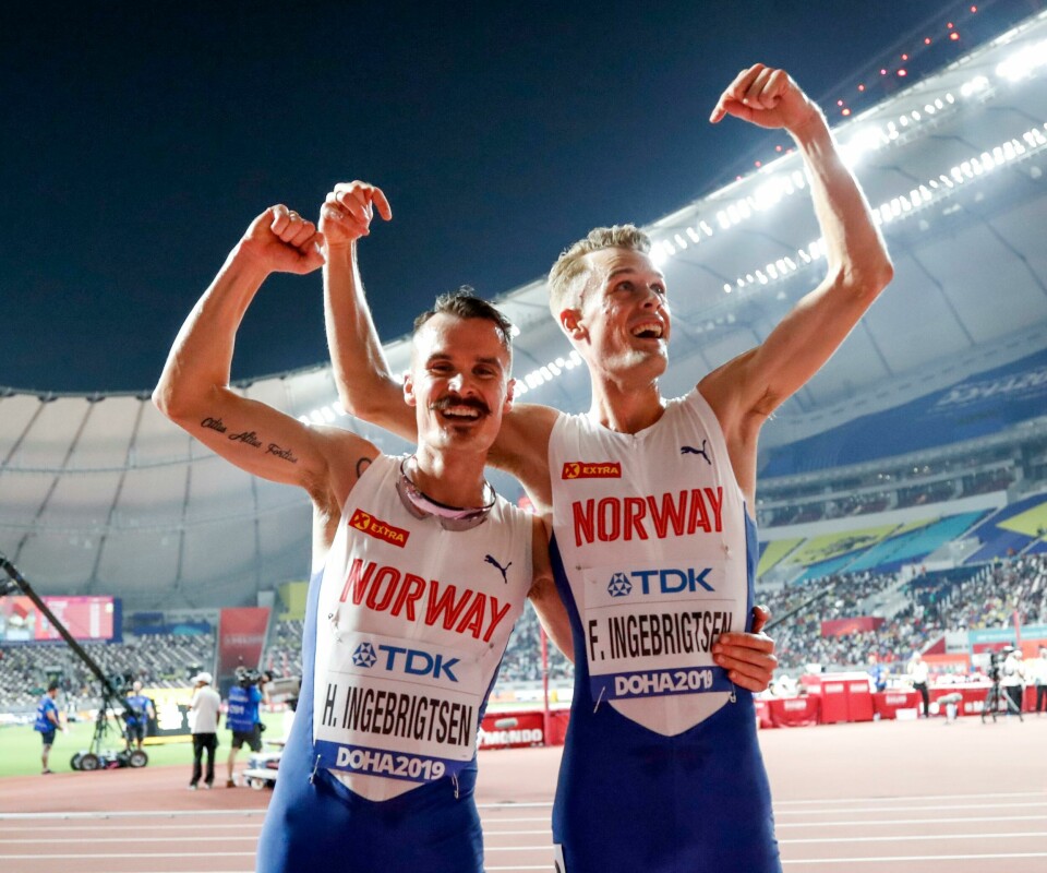 Filip Ingebrigtsen og Henrik Ingebrigtsen etter 5000 meter kvalifisering under VM i friidrett 2019 i Doha i Qatar på Khalifa International Stadium fredag. DOHA, QATAR 20190927. Filip Ingebrigtsen og Henrik Ingebrigtsen etter 5000 meter kvalifisering under VM i friidrett 2019 i Doha i Qatar på Khalifa International Stadium fredag.Foto: Lise Åserud / NTB scanpix