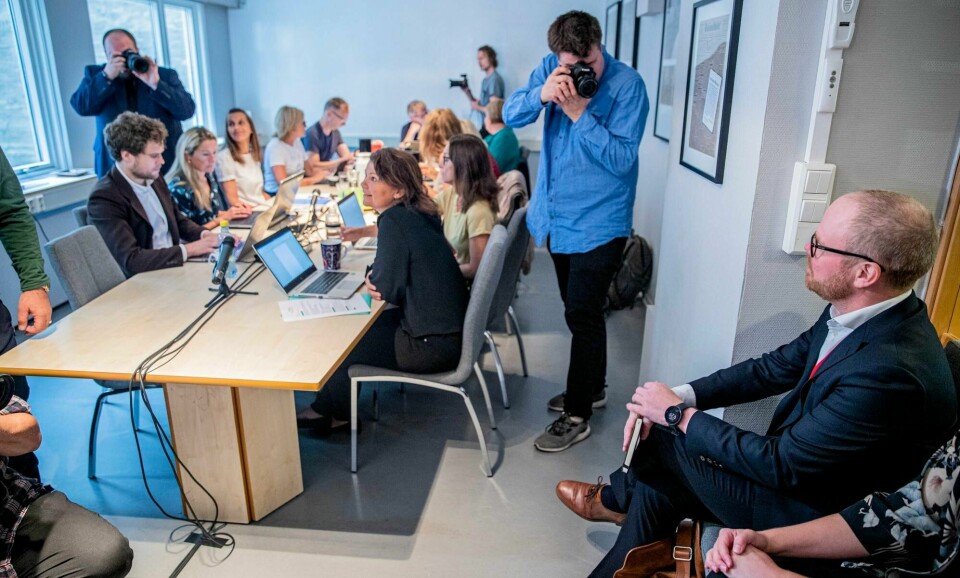 Sjefredaktør i VG, Gard Steiro, under behandlingen av klagen på VGs dekning av den omstridte dansevideoen med Trond Giske i Pressens Faglige Utvalg (PFU).