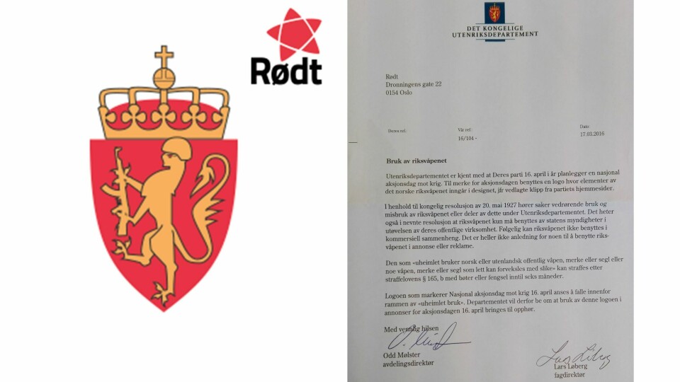 Aslak Borgersrud tar sjansen på å republisere Rødts riksløve-soldat (til venstre), til tross for UDs forbud og påminnelse om mulig fengselstraff i brev (til høyre).