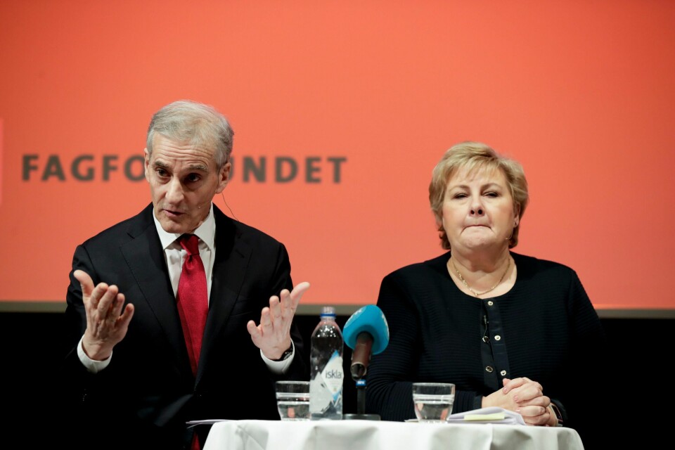 Oslo 20200204. Statsminister Erna Solberg i en duell med Jonas Gahr Støre om svart økonomi, Fagforbundet og NTL arrangerer møtet.Foto: Vidar Ruud / NTB