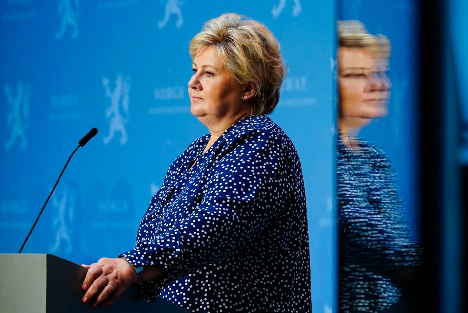 Oslo 20200812. Statsminister Erna Solberg (H) holder pressekonferanse om koronasituasjonen i Marmorhallen i Oslo onsdag.Foto: Håkon Mosvold Larsen / NTB scanpix