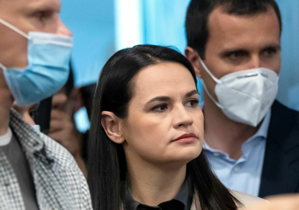 Den hviterussiske opposisjonslederen Svetlana Tikhanovskaja under en pressekonferanse i Vilnius i Litauen før helgen.