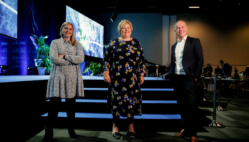 Finansminister Jan Tore Sanner, statsminister Erna Solberg og olje- og energiminister Tina Bru på Høyres landsmøte. De tre er nå valgt til partiets ledertrio. Foto: Vidar Ruud / NTB scanpix