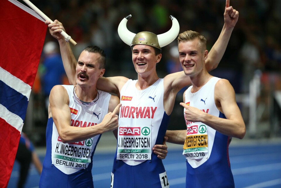 Henrik Ingebrigtsen, Jakob Ingebrigtsen og Filip Ingebrigtsen Sandnes IL) etter i finalen på 1500 meter under EM i friidrett på Berlin på Olympiastadion. Foto: Ørn Borgen / NTB scanpix