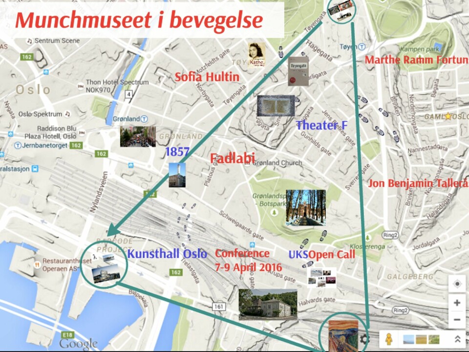 «Munch i bevegelse» skal foregå innenfor en trekant mellom Tøyen, Bjørvika og Ekeberg. TEGNING: MUNCHMUSEET «Munch i bevegelse» skal foregå innenfor en trekant mellom Tøyen, Bjørvika og Ekeberg. TEGNING: MUNCHMUSEET