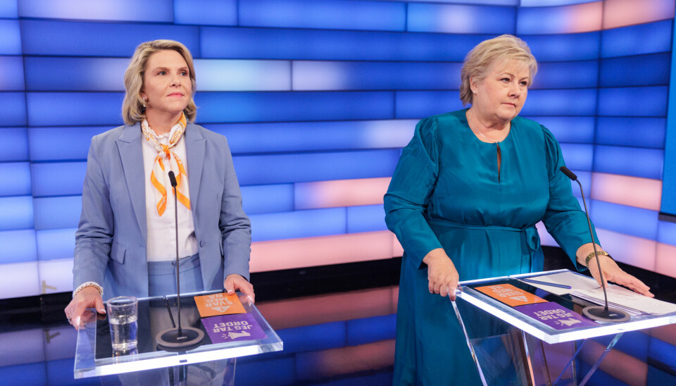 Fremskrittspartiets partileder Sylvi Listhaug og Høyres partileder Erna Solberg i NRK før sommeren. Det er Listhaug som møter statsminister Jonas Gahr Støre til årets første debatt i valgkampen.