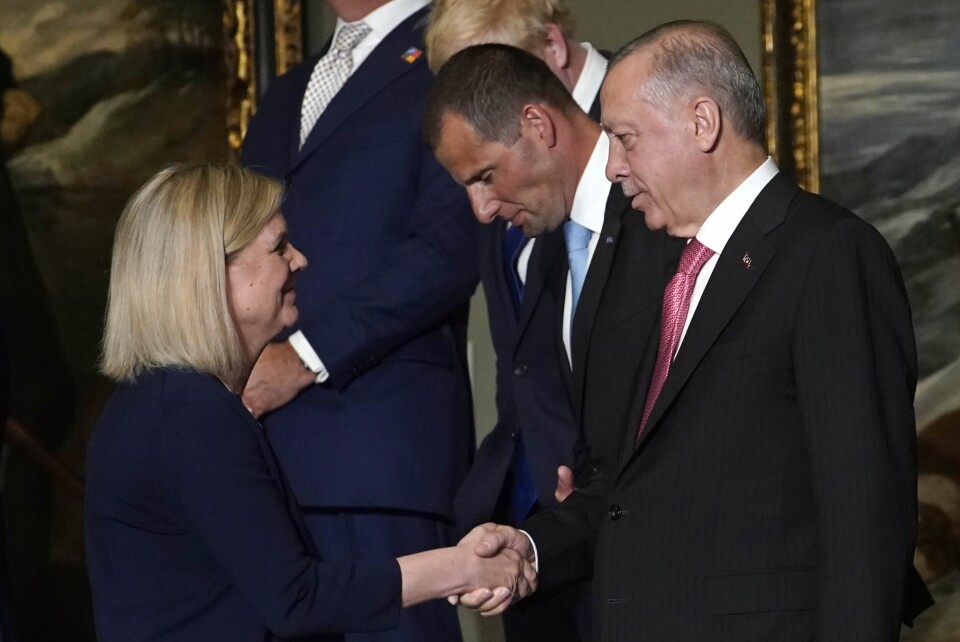 I begynnelsen av juli sendte det tyrkiske justisministeriet brev til Sverige og Finland der de minner om avtalen om utlevering. Det hele er del av et politisk spill, mener professor i folkerett. På bildet er Sveriges statsminister Magdalena Andersson og den tyrkiske presidenten Recep Tayyip Erdogan under et musébesøk i Madrid i slutten av juni. Sveriges statsminister Magdalena Andersson, til venstre, håndhilser på den tyrkiske presidenten Recep Tayyip Erdogan under et besøk på Prado-museet med statsoverhoder og embetsmenn i Madrid, Spania, onsdag 29. juni 2022. Statsledere i Nordatlantisk traktatorganisasjon møtes for et NATO-toppmøte i Madrid fra tirsdag til torsdag.