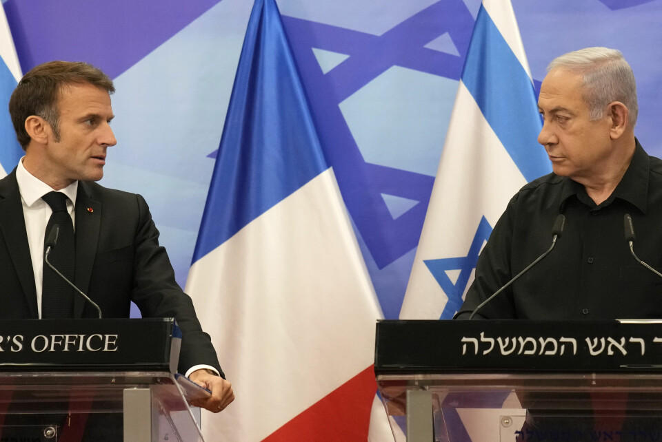 Frankrikes president Emmanuel Macron og Israels statsminister Benjamin Netanyahu har havnet i munnhoggeri etter et nylig møte. Her er de under en pressekonferanse i Jerusalem i oktober 2023. Frankrikes president Emmanuel Macron og Israels statsminister Benjamin Netanyahu har hamna i munnhoggeri etter eit nyleg møte. Her er dei under ein pressekonferanse i Jerusalem i oktober 2023. Foto: Christophe Ena / Pool / AP / NTB