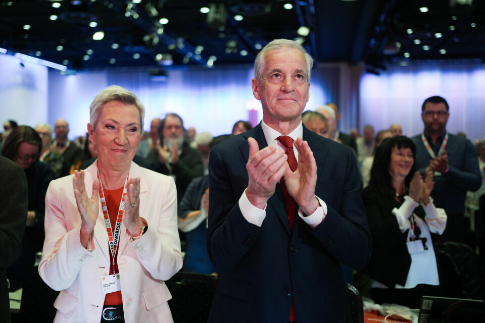 LO-leder Peggy Hessen Følsvik og statsminister og Ap-leder Jonas Gahr Støre taler på LOs 36. ordinære kongress i Folkets Hus. Jonas Gahr Støre