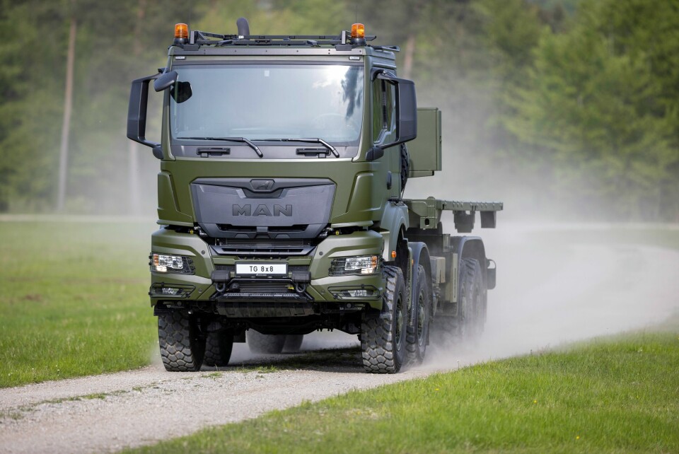 Forsvarsmateriell har signert kontrakt for kjøp av 124 nye lastevogner til Forsvaret. Leverandør er tyske Rheinmetall MAN Military Vehicles (RMMV). TG 8x8 (bildet) er lastvogntypen som kjøpes inn nå. Forsvarsmateriell har signert kontrakt for kjøp av 124 nye lastevogner til Forsvaret. Leverandør er tyske Rheinmetall MAN Military Vehicles (RMMV). TG 8x8 (bildet) er blant de nye lastvogntypene som kjøpes inn. Foto: RMMV / Handout / NTB