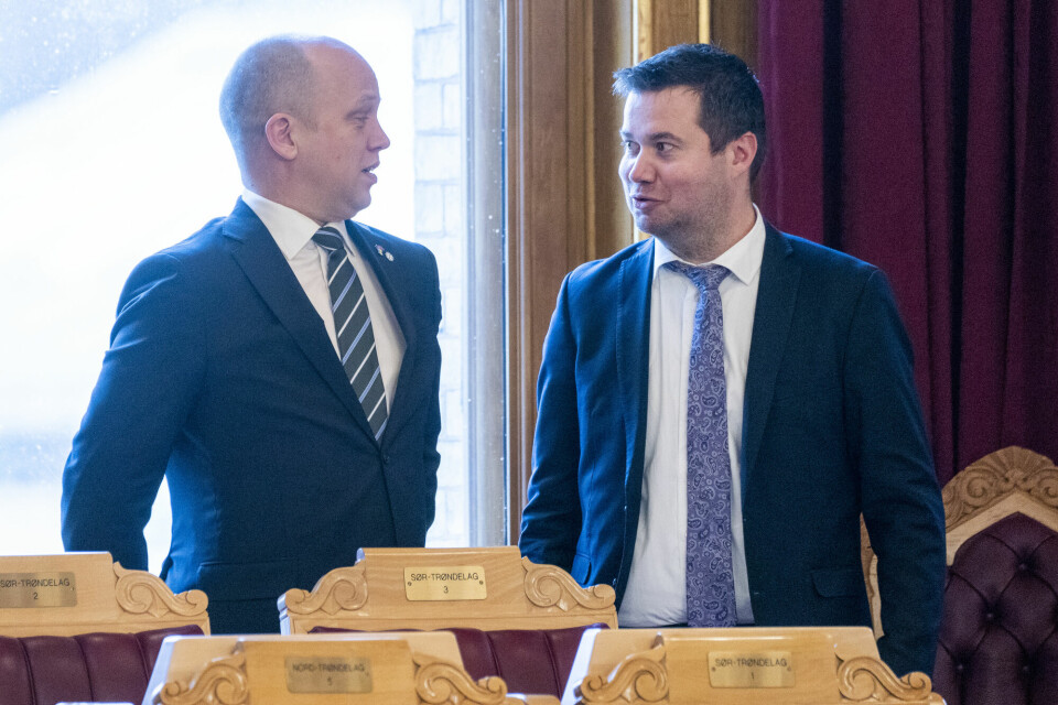 Sps Trygve Slagsvold Vedum og Geir Pollestad vil si sitt om revidert nasjonalbudsjett. Trygve Slagsvold Vedum