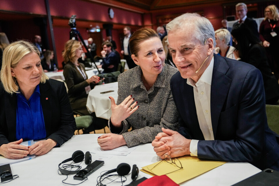 Sveriges tidligere statsminister Magdalena Andersson (f.v.), Danmarks statsminister Mette Frederiksen og statsminister Jonas Gahr Støre er til stede på kongress for Arbeiderbevegelsens nordiske samarbeidskomite (Samak) i Oslo. Sveriges tidligere statsminister Magdalena Andersson (f.v.), Danmarks statsminister Mette Frederiksen og statsminister Jonas Gahr Støre er til stede på kongress for Arbeiderbevegelsens nordiske samarbeidskomite (Samak) i Oslo.