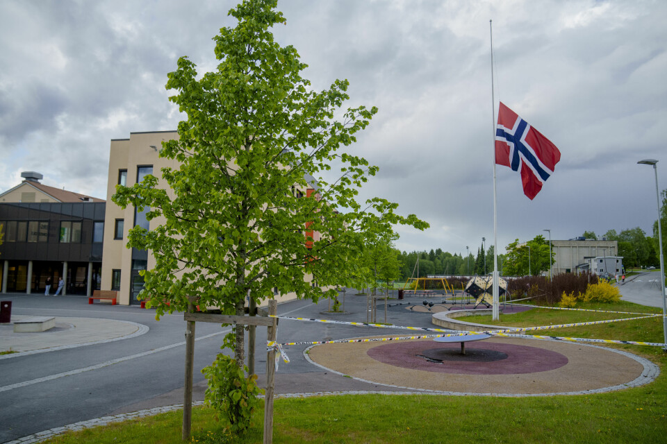 En mann i 30-årene døde i en påkjørsel ved Vilberg ungdomsskole mandag. Det flagges på halv stang ved Vilberg ungdomsskole i Eidsvoll der en mannlig fotgjenger i 30-årene er bekreftet omkommet etter å ha blitt påkjørt mandag ettermiddag. Foto: Stian Lysberg Solum / NTB
