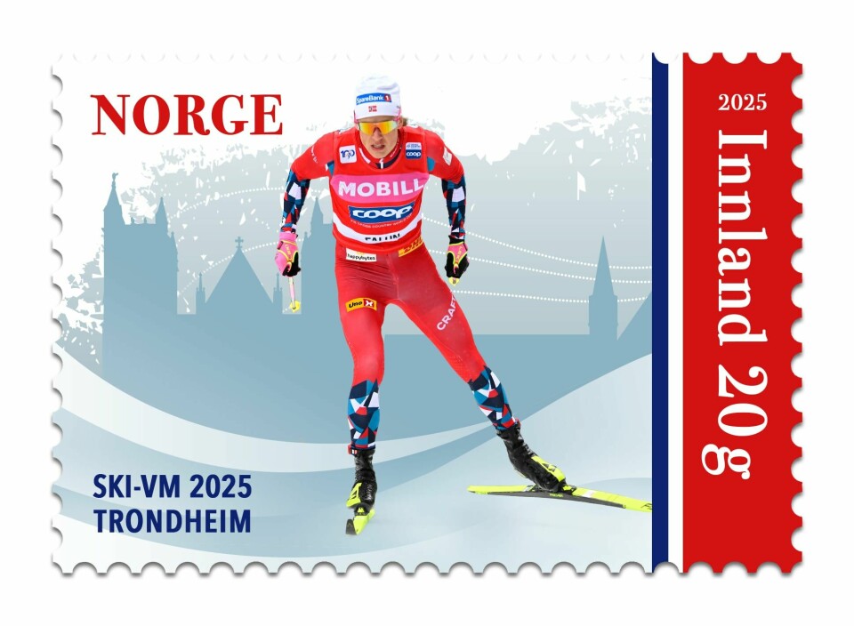 Johannes Høstflot Klæbo er avbildet på ett av de tre frimerkene som Posten har fått laget i forbindelse med ski-VM i Trondheim.(Foto: Posten) Johannes Høstflot Klæbo er avbildet på ett av de tre frimerkene som Posten har fått laget i forbindelse med ski-VM i Trondheim.