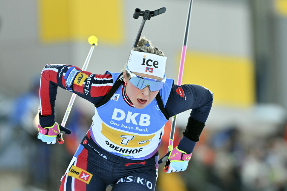 Ingrid Landmark Tandrevold ble beste norske med 16.-plass på jaktstarten i Anterselva. Ingrid Landmark Tandrevold i kjent stil i Oberhof. Hun står over den neste verdenscuphelgen. Foto: Martin Schutt / DPA via AP / NTB