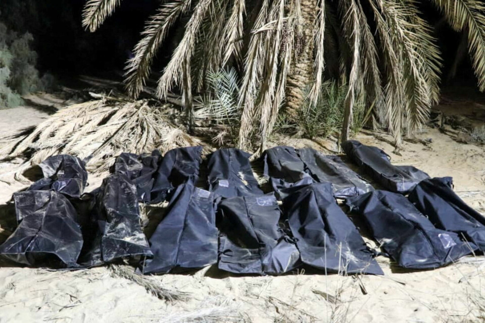 En massegrav med migranter er funnet sør i Libya. Bodies of migrants lie in bags, after they were discovered in a mass grave in a farm in Jikharra area, some 441 km from Benghazi, in Jikharra, Libya, February 5, 2025. Alwahat district Security Directorate/Handout via REUTERS THIS IMAGE HAS BEEN SUPPLIED BY A THIRD PARTY
