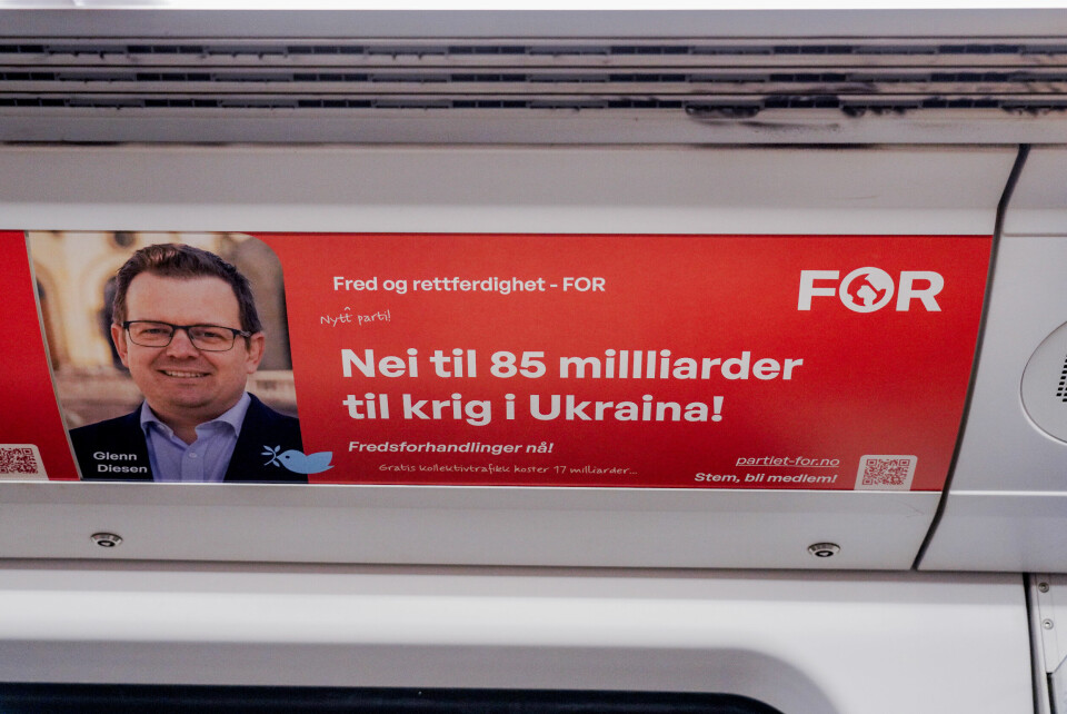 Reklameplakater til partiet Fred og rettferdighet (FOR) på T-banen i Oslo. Reklameplakater til partiet Fred og rettferdighet (FOR) på T-banen i Oslo. Foto: Ole Berg-Rusten / NTB