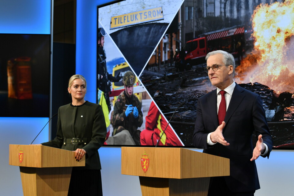 Statsminister Jonas Gahr Støre og justis- og beredskapsminister Emilie Enger Mehl legger fram stortingsmeldingen om totalberedskap under en pressekonferanse i Marmorhallen i Oslo. Statsminister Jonas Gahr Støre og justis- og beredskapsminister Emilie Enger Mehl legger fram stortingsmeldingen om totalberedskap under en pressekonferanse i Marmorhallen i Oslo.Foto: Rodrigo Freitas / NTB