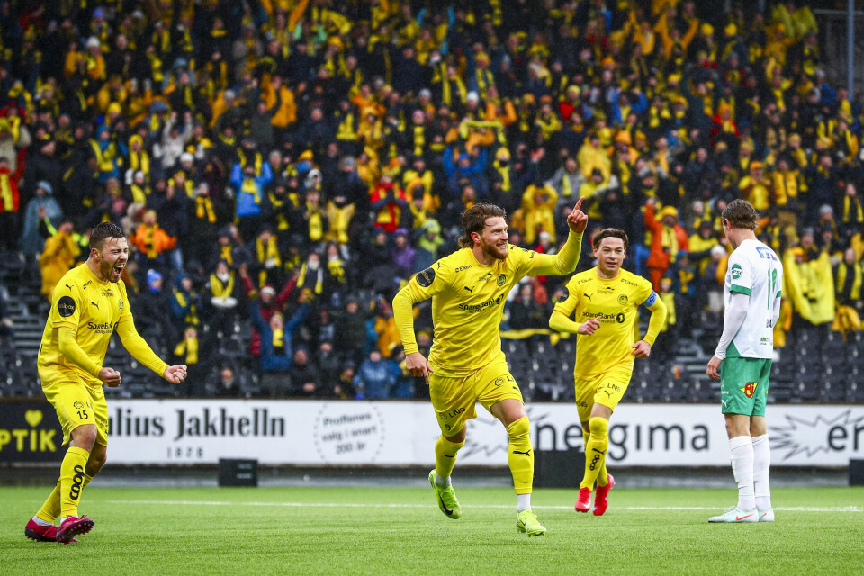 Bodø/Glimts Kasper Høgh feirer 3–0 scoringen under eliteseriekampen i fotball mellom Bodø/Glimt og HamKam på Aspmyra stadion sist helg. Bodø/Glimts Kasper Høgh feirer 3–0 scoringen under eliteseriekampen i fotball mellom Bodø/Glimt og HamKam på Aspmyra stadion sist helg. Foto: Mats Torbergsen / NTB.