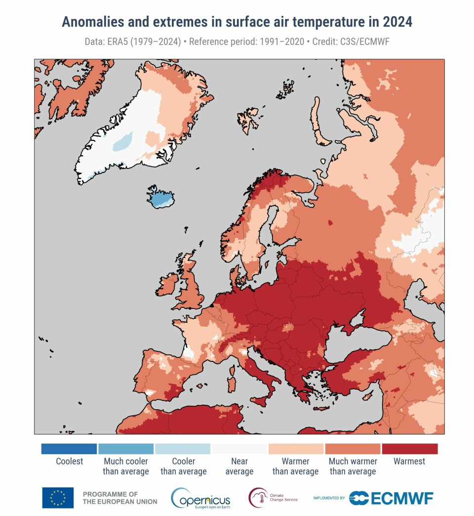 Kartet viser avvik fra normal temperatur i ulike deler av Europa i fjor. Jo rødere farge, jo høyere lå temperaturen over normal gjennomsnittstemperatur.(C3S / ECMWF/NTB) Kartet viser avvik fra normal temperatur i ulike deler av Europa i fjor. Jo rødere farge, jo høyere lå temperaturen over normal gjennomsnittstemperatur. Foto: C3S / ECMWF / NTB