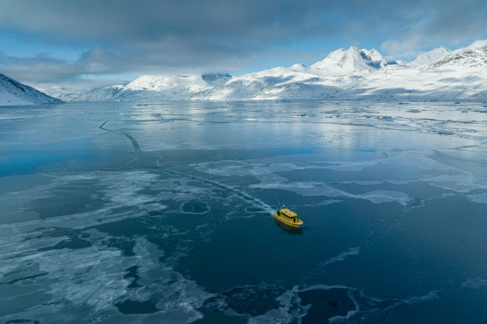 Et skip utenfor byen Nuuk på Grønland.(Evgeniy Maloletka/AP) A boat rides through a frozen sea inlet outside of Nuuk, Greenland, March 6, 2025. (AP Photo/Evgeniy Maloletka)