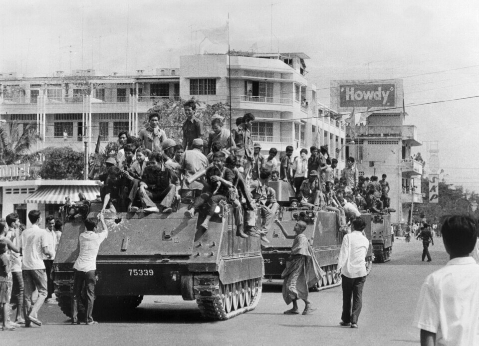Røde Khmer-soldater på vei inn i hovedstaden Phnom Penh 17. april 1975, dagen de tok over makten i Kambodsja.(Sven Erik Sjøberg/AFP) Røde Khmer-soldater på vei inn i hovedstaden Phnom Penh 17. april 1975, dagen de tok over makten i Kambodsja.
