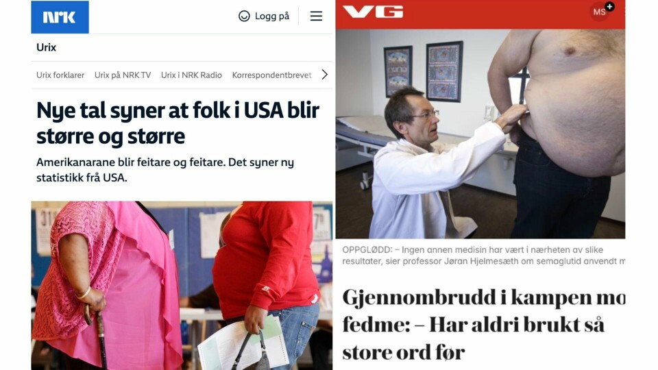 Fenomenet «hodeløse tjukkaser» i praksis. Bildene viser hvordan tjukke mennesker ofte reduseres til ansiktsløse mager eller stereotype figurer.(Faksimile fra NRK og VG) Fenomenet «hodeløse tjukkaser» i praksis. Bildene viser hvordan tjukke mennesker ofte reduseres til ansiktsløse mager eller stereotype figurer.
