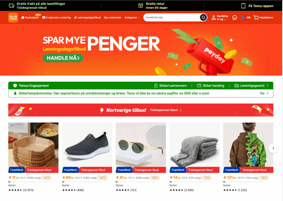 Skjermdump av forsiden til den kinesiske nettbutikken Temu. Temu har fått sterk kritikk for manglende miljø- og bærekraftsfokus og blir også anklaget for kopierte produkter. Foto: Skjermdump / NTB