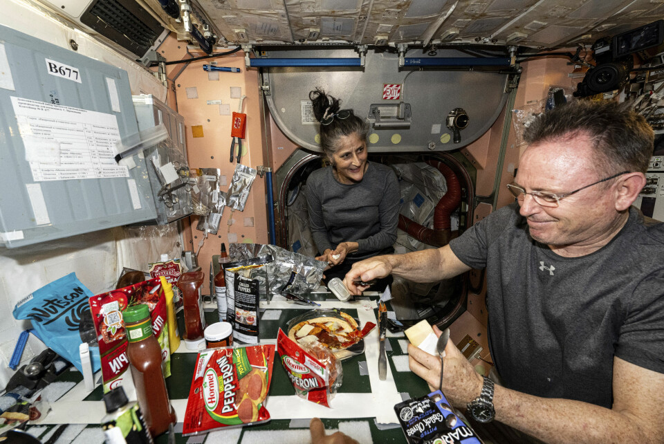 Nasa-astronautene Suni Williams og Butch Wilmore i gang med å lage pizza på kjøkkenet om bord på Den internasjonale romstasjonen. Nå er de på vei hjem, etter at en tur som skulle vare noen dager ble forlenget til ni måneder. Nasa-astronautene Suni Williams og Butch Wilmore i gang med å lage pizza på kjøkkenet om bord på Den internasjonale romstasjonen. Nå er de på vei hjem, etter at en tur som skulle vare noen dager ble forlenget til ni måneder. Foto Nasa / AP / NTB