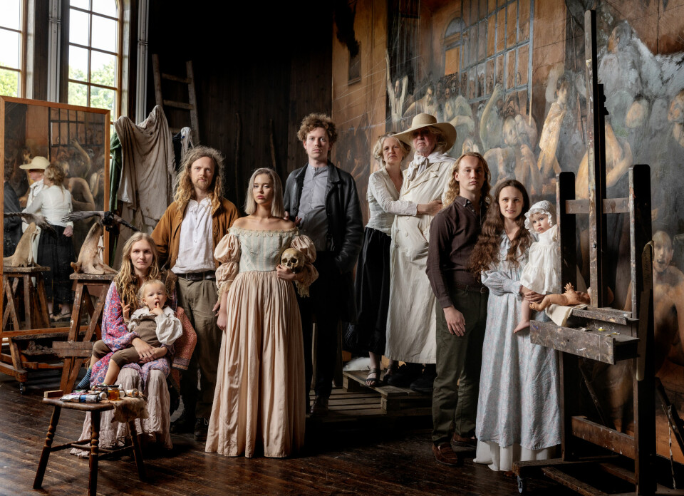 Familien Nerdrum samlet i Odd Nerdrums atelier i forbindelse med NRKs dokumentarserie «Familien Nerdrum». Odd Nerdrum