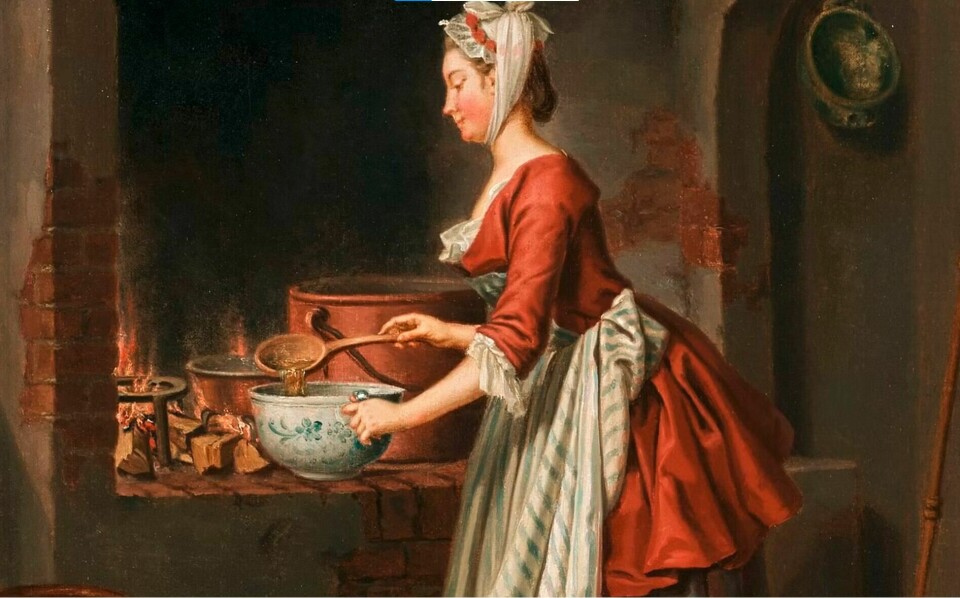 Kvine øser suppe over i en bolle i Sverige på 1700-tallet.(Pehr Hilleström) Kvinnen står foran et ildsted.