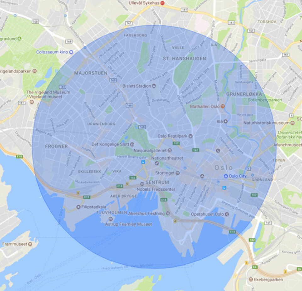 Luftfartstilsynets kart over restriksjonsområdet (R-102) over Oslo sentrum. Som man ser er Bjørvika i utkanten av forbudssonen. Luftfartstilsynets kart over restriksjonsområdet (R-102) over Oslo sentrum. Som man ser er Bjørvika i utkanten av forbudssonen.