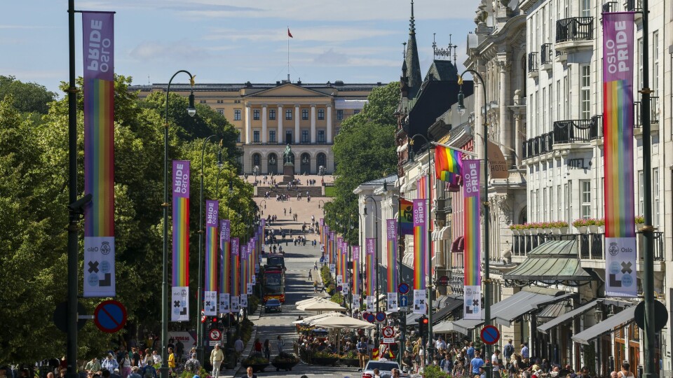 Når vi i Norsk Sykepleierforbund markerer Pride, er det ut ifra et faglig, etisk og menneskelig standpunkt, skriver innleggsforfatterne. Oslo 20240625. Prideflagg pryder Karl Johans gate i Oslo.