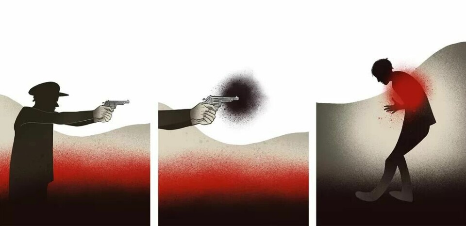 Marius Folstad blir skutt.(Linnéa Johansson) Illustrasjon av skuddene