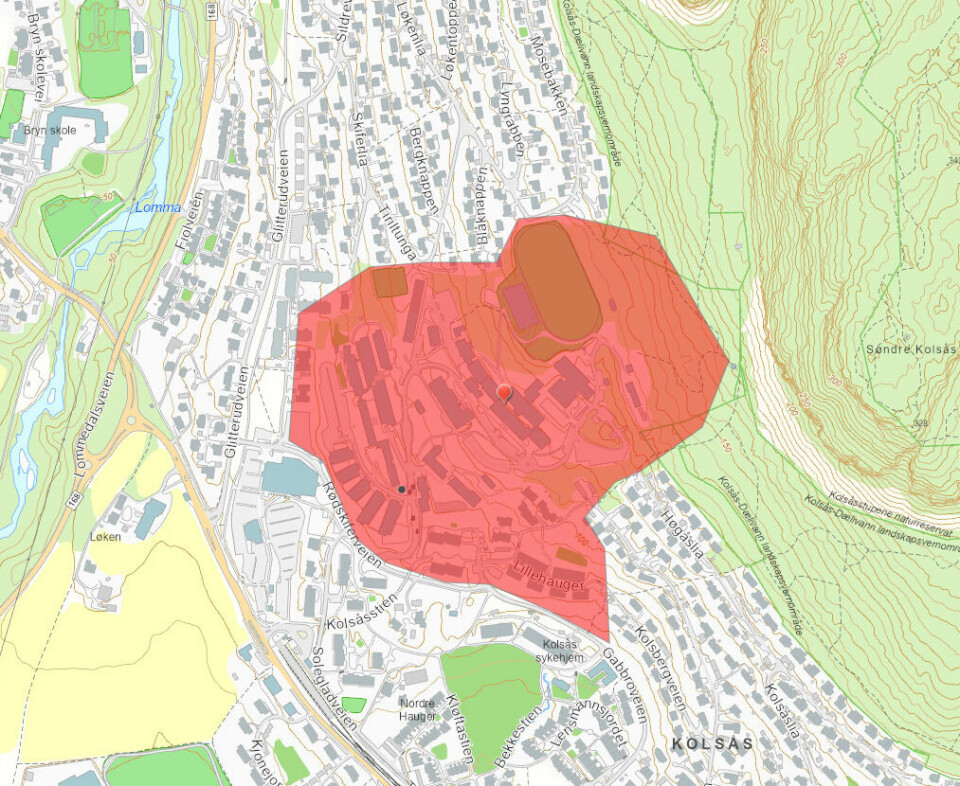 Kart over forbudssonen ved Kolsås. Kart over forbudssonen ved Kolsås. Foto: Nasjonal sikkerhetsmyndighet (NSM) / Skjermdump / NTB