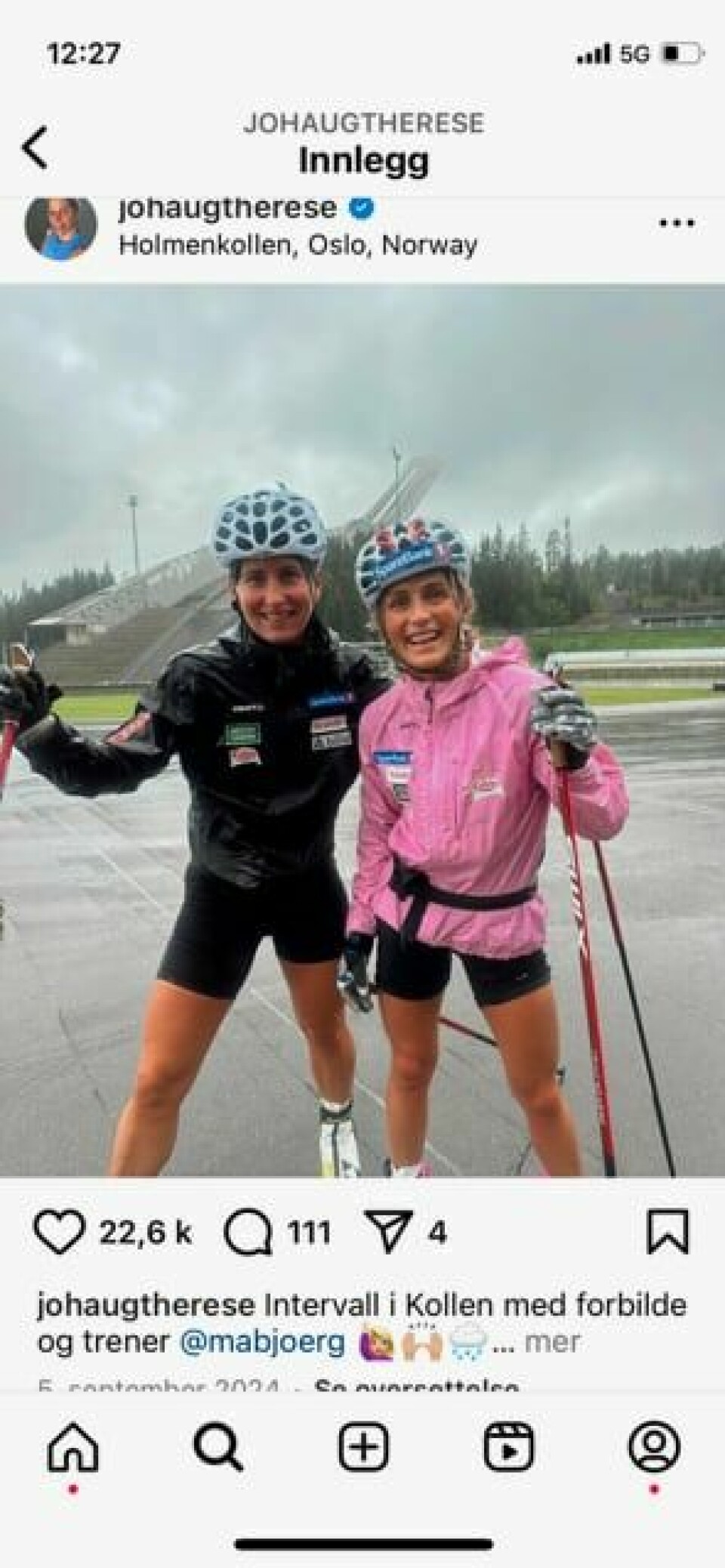 Therese Johaug legger flittig ut oppdateringer på sin Instagram-konto. Her fra treningstur med Marit Bjørgen i fjor høst.(Skjermdump) Therese Johaug legger flittig ut oppdateringer på sin Instagram-konto. Her fra treningstur med Marit Bjørgen i fjor høst.