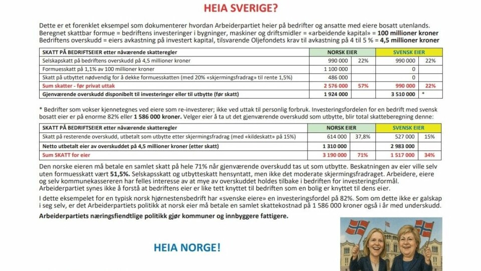 Utdrag av annonse fra «Aksjon for borgerlig valgseier» som har stått på trykk i flere norske aviser. Odd E. Rambøl mener innholdet er usant, fordi viktig informasjon utelates. Utdrag av annonse fra «Aksjon for borgerlig valgseier» som har stått på trykk i flere norske aviser.