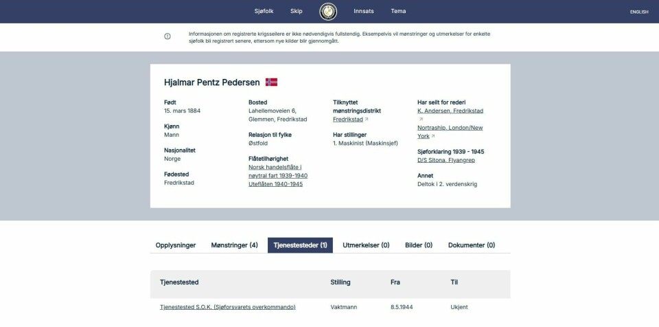 Krigsseilerregisteret har hittil registrert 41.539 norske menn og kvinner som seilte i den norske handelsflåten og i marinen, 1939–1945.(Skjermdump) Krigsseilerregisteret har hittil registrert 41.539 norske menn og kvinner som seilte i den norske handelsflåten og i marinen, 1939–1945.