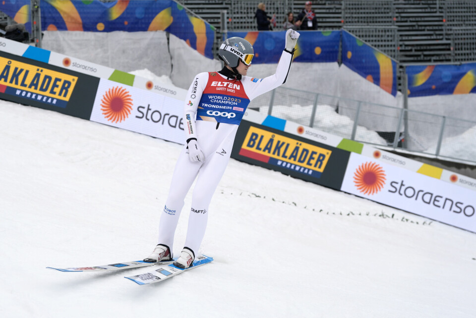 Jørgen Graabak under kombinert lagkonkurranse stor bakke under ski-VM i Trondheim. Jørgen Graabak fulgte opp med et ikke fult så imponerende svev. Foto: Terje Pedersen / NTB